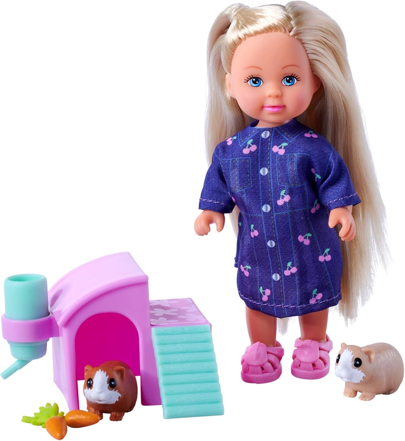 Simba Evi Love cavia's speelpop met twee cavia's en huis, waterfles en wortels, 12 cm, vanaf 3 jaar