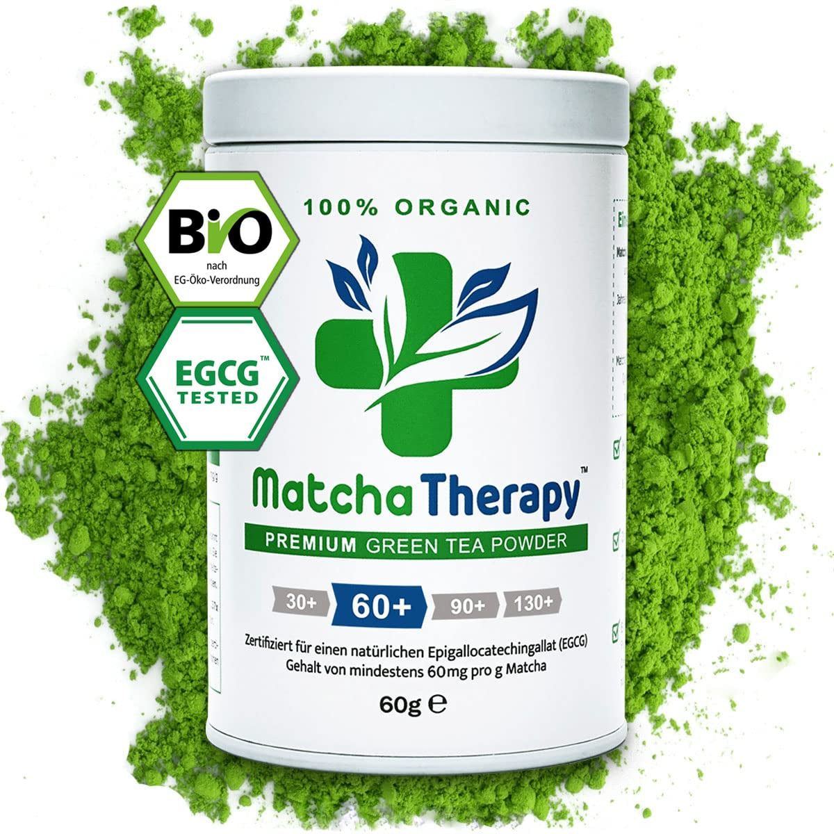 Matchatherapie 30+ | Biologische Matcha-theepoeder | 60 gram | Met een geverifieerd gehalte van minimaal 30 mg/g catechine EGCG | Ondersteunt het immuunsysteem en het energieniveau | Ceremoniële kwaliteit | Groene thee uit Japan