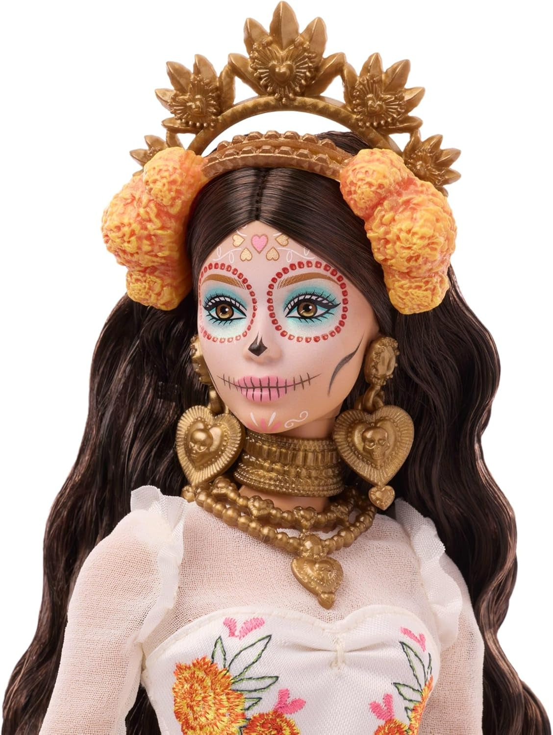Barbie Signature Day of the Dead 2025 verzamelfiguur in crèmekleurige jurk met ruches, goudsbloemen en strikken, bloemenkroon in haar en Calavera-schmink, JBJ05
