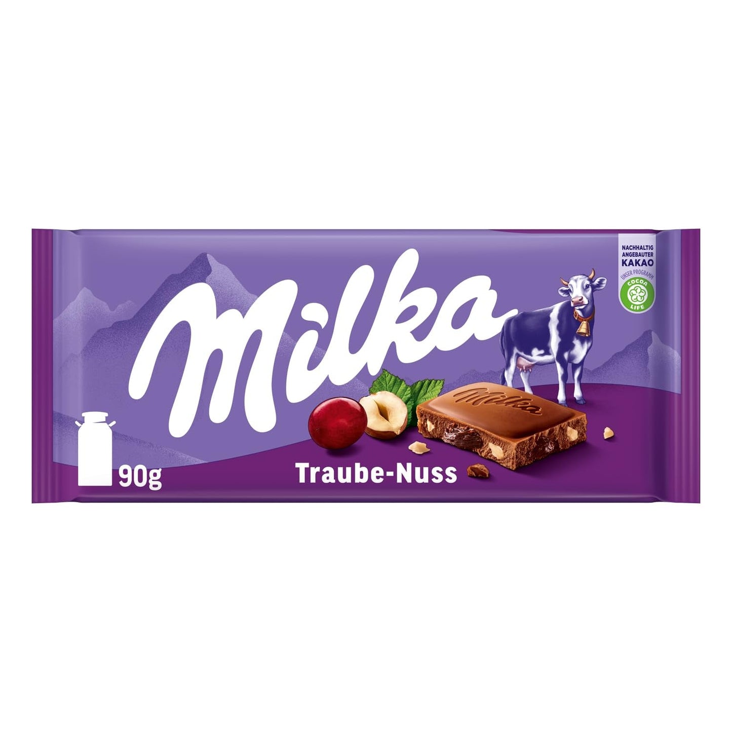 Milka Druiven en Hazelnoten – Alpenmelkchocolade met stukjes hazelnoot en rozijnen – 90g