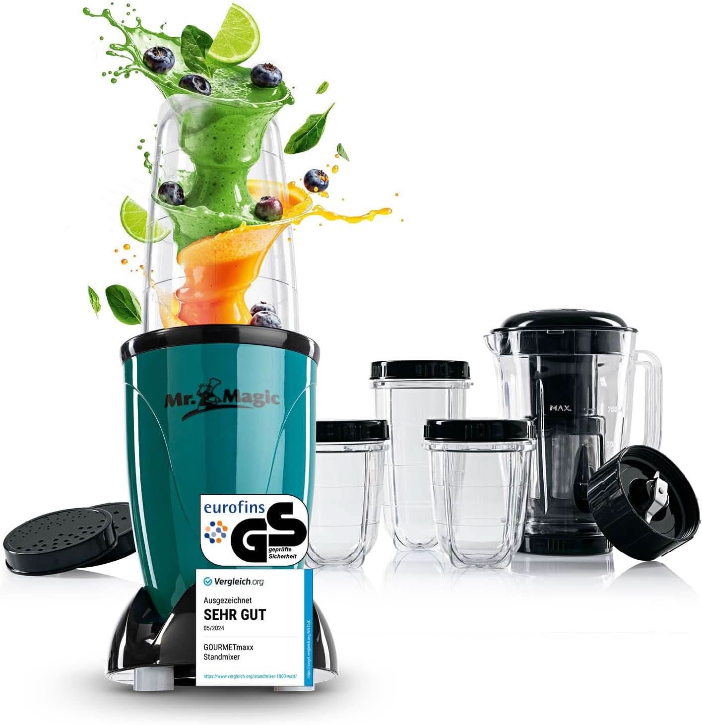 Gourmetmaxx Mr Magic Blender, Smoothiemaker met XXL accessoirepakket Naty Shop Groen | Zwarte heer magie | 400W | XL-Set