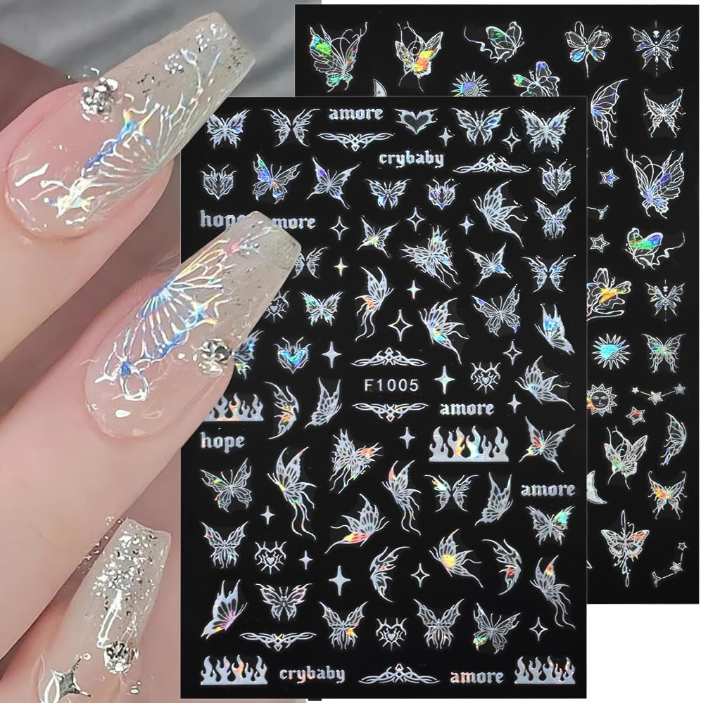 4 Blätter Holographisch Laser Wit Schmetterling Nagelsticker,Y2K Aurora Schmetterlinge Stern Nail Sticker 3D Flamme Herz Nageldesign Nagelsticker Selbstklebend Nagel Sticker Nagel Zubehör Nail Art