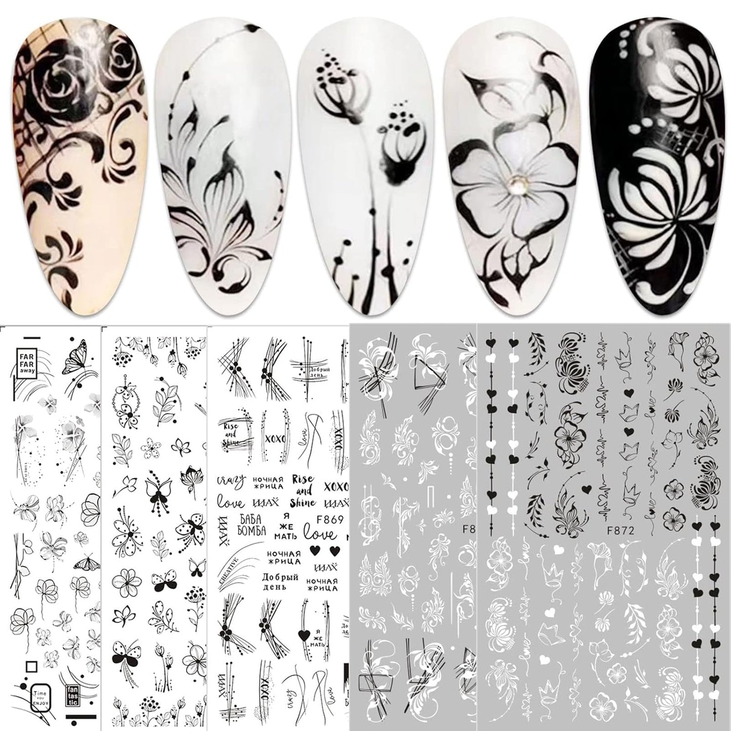 JMEOWIO Nagelsticker Blumen 10 Blatt Nagelaufkleber Selbstklebend Zwart Wit Blossom Nail Art Sticker Decoratie Nageldesign Zubehör