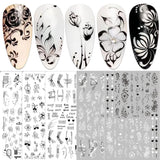 JMEOWIO Nagelsticker Blumen 10 Blatt Nagelaufkleber Selbstklebend Zwart Wit Blossom Nail Art Sticker Decoratie Nageldesign Zubehör