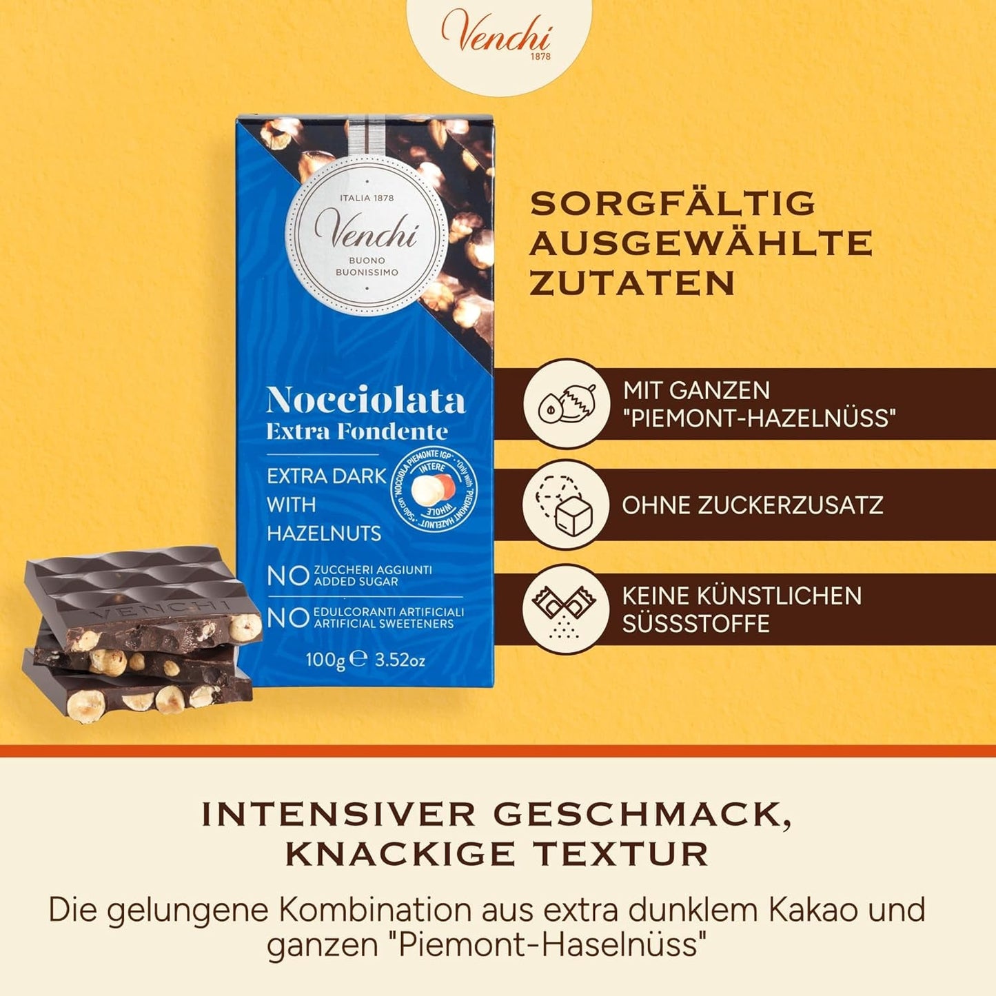 Venchi - Pak van 6 pure chocoladerepen met hazelnoten, 600g - Geen toegevoegde suikers - Geen kunstmatige zoetstoffen - Glutenvrij - Veganistisch - Cadeauidee
