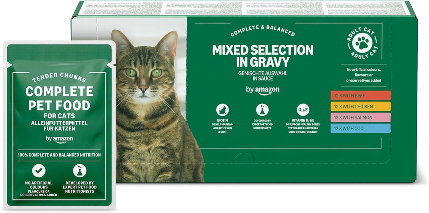 Amazon Natvoer voor volwassen katten, gemengde selectie in saus 4,8 kg (48 verpakkingen x 100 g)