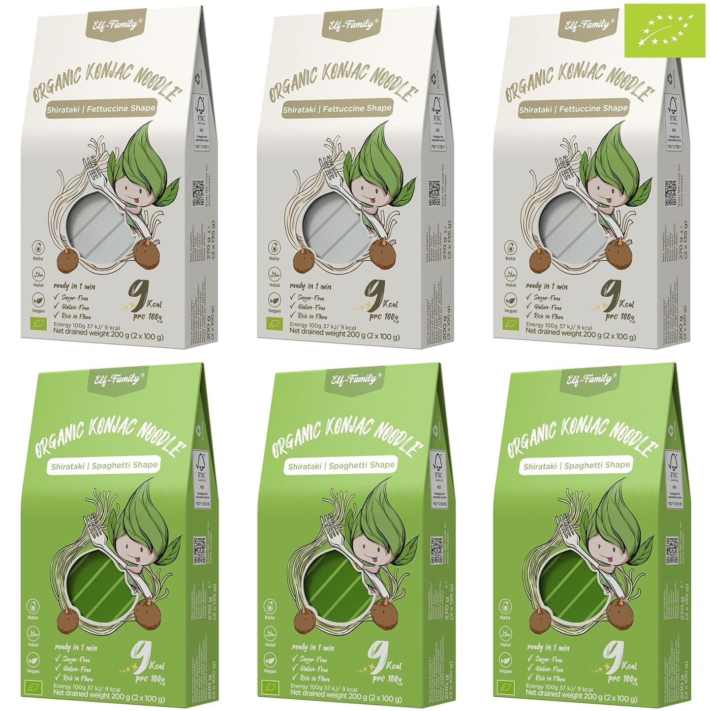 Elf-Family 6 Dozen (12 Stuks) Biologische Konjac Shirataki-noedels met ultralaag koolhydraatgehalte Veganistisch Glutenvrij - 1,62 kg, geen koolhydraten/Keto/laag in calorieën/vetvrij/suikervrije instantnoedels - Spaghetti en Fettuccine