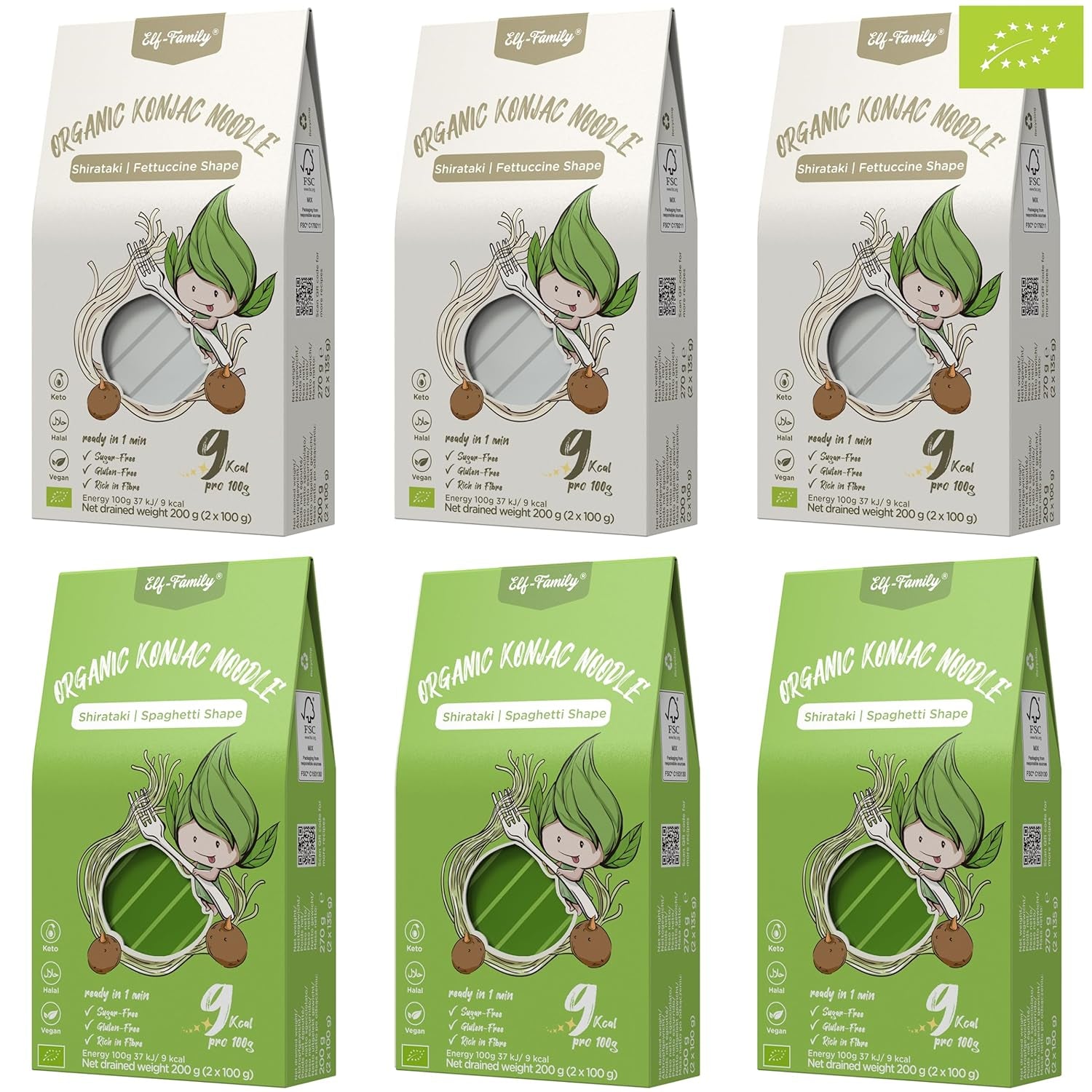 Elf-Family 6 Dozen (12 Stuks) Biologische Konjac Shirataki-noedels met ultralaag koolhydraatgehalte Veganistisch Glutenvrij - 1,62 kg, geen koolhydraten/Keto/laag in calorieën/vetvrij/suikervrije instantnoedels - Spaghetti en Fettuccine