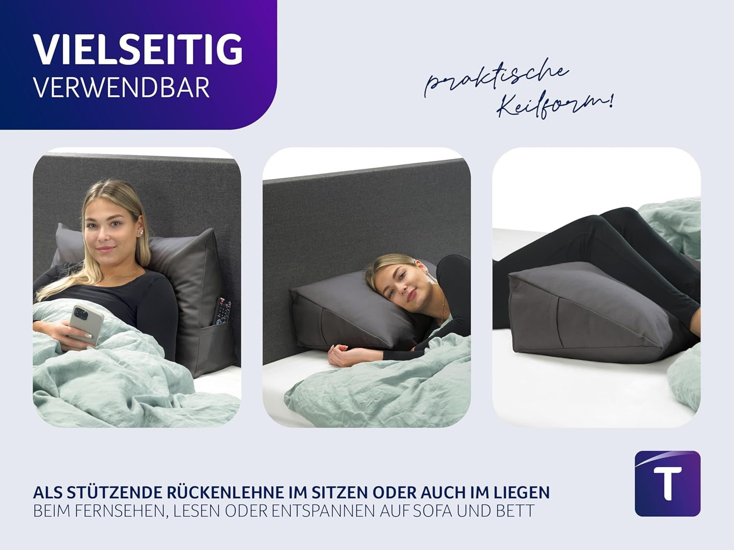 Leeskussen Traumnacht Cosy Rugkussen, 70 x 40 cm donkergrijs, afneembare en wasbare hoes van 100% polyester, praktisch zijvak, Oeko-Tex gecertificeerd, geproduceerd volgens Duitse kwaliteitsnormen