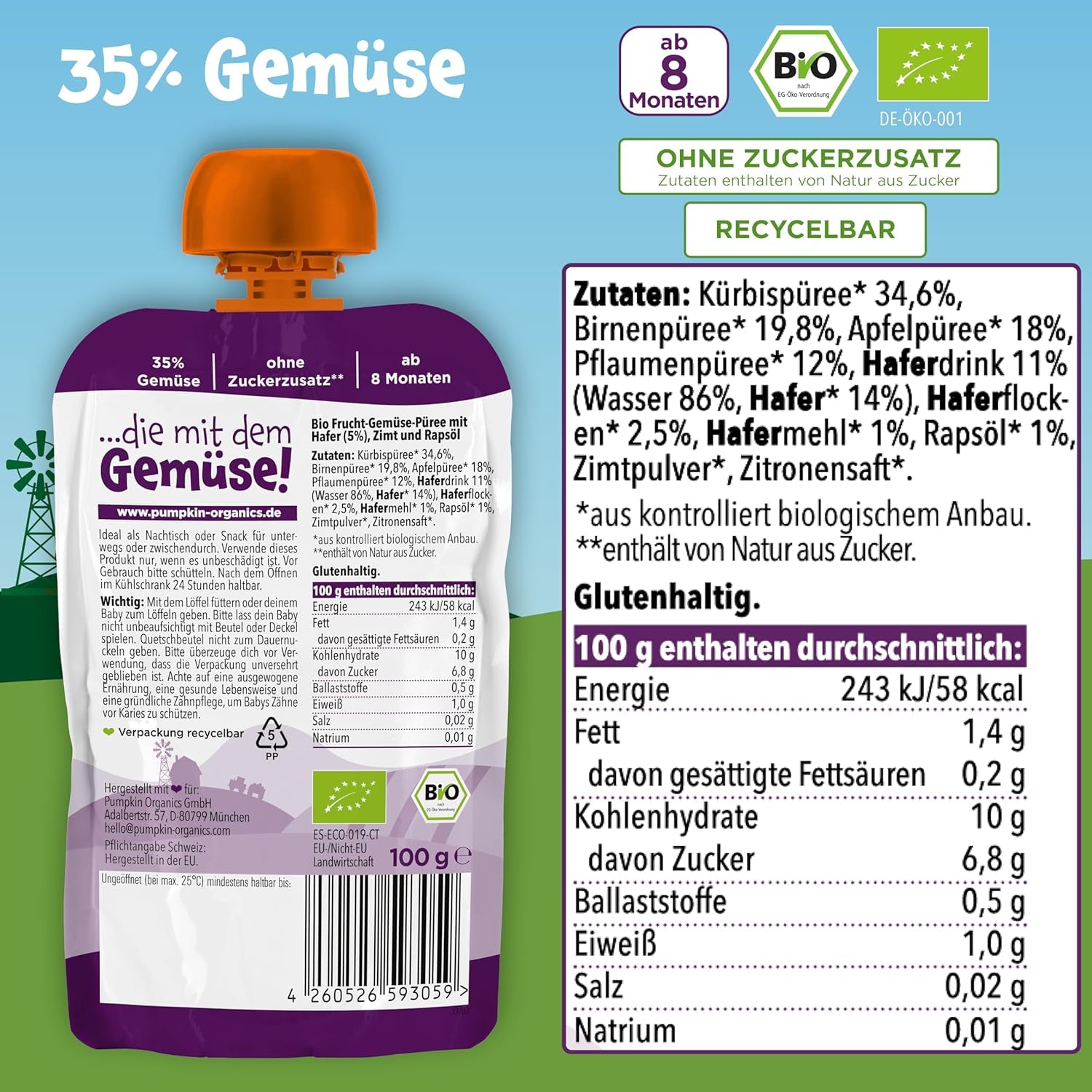 Pumpkin Organics Bio Gemüse-Getreide-Quetschie Kürbis, Birne, Apfel, Pflaume, Hafer ohne Zuckerzusatz¹ - ab 8 Monaten - als Snack of Beikost für unterwegs (100g)