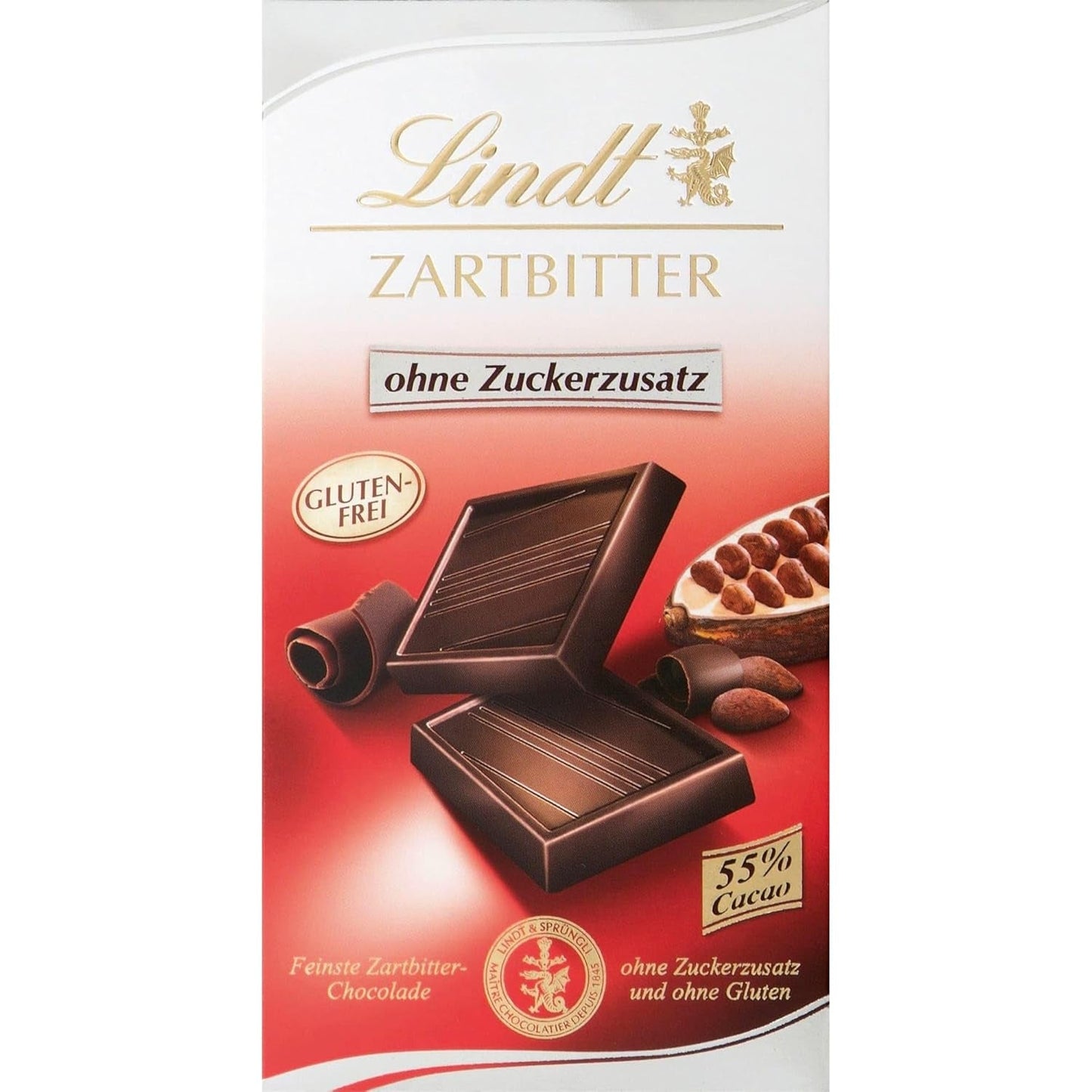Lindt-chocolade | Reep pure chocolade zonder toegevoegde suiker | 100g | De fijnste pure chocolade met 55% cacao, zonder toegevoegde suikers en zonder gluten | Glutenvrije chocoladereep