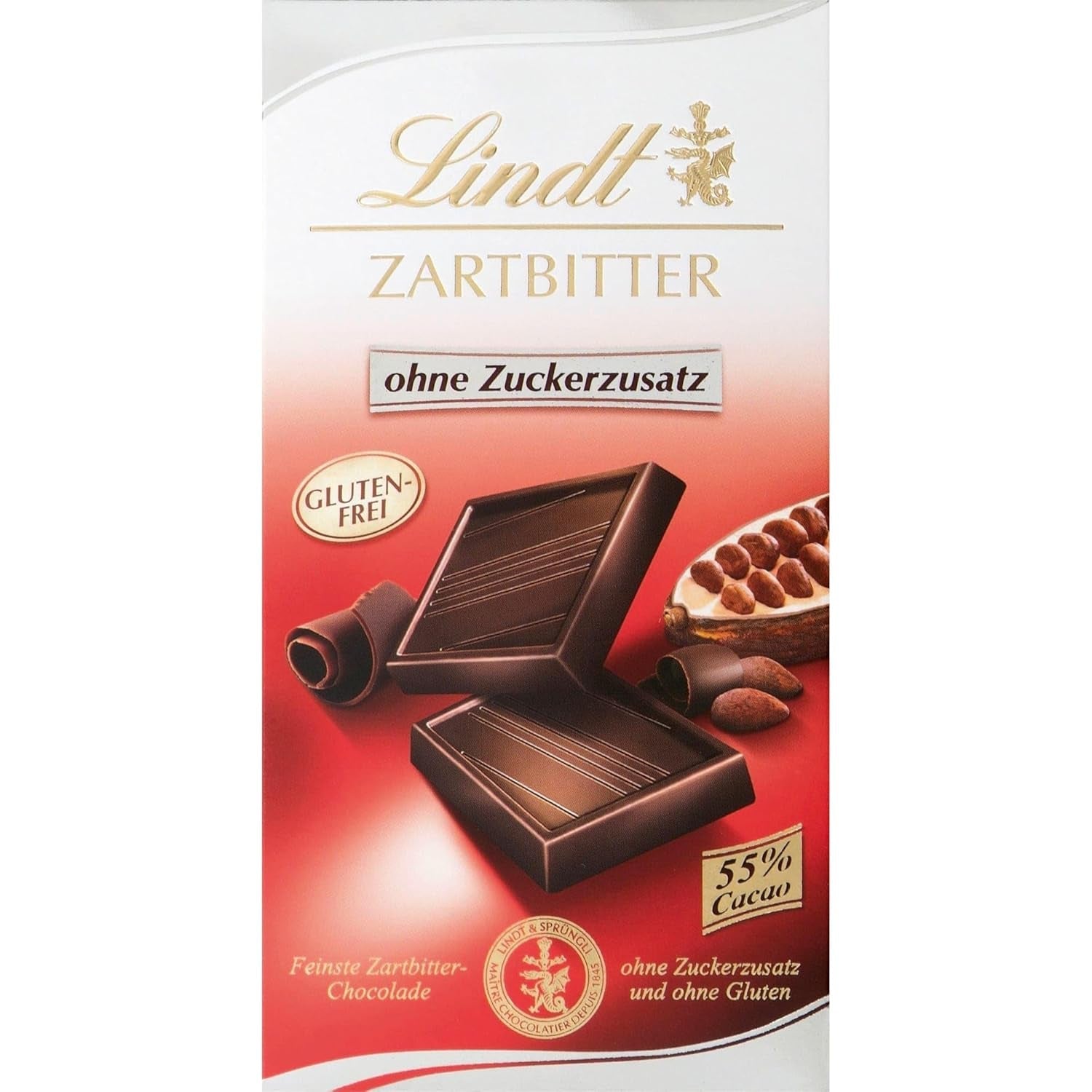 Lindt-chocolade | Reep pure chocolade zonder toegevoegde suiker | 100g | De fijnste pure chocolade met 55% cacao, zonder toegevoegde suikers en zonder gluten | Glutenvrije chocoladereep