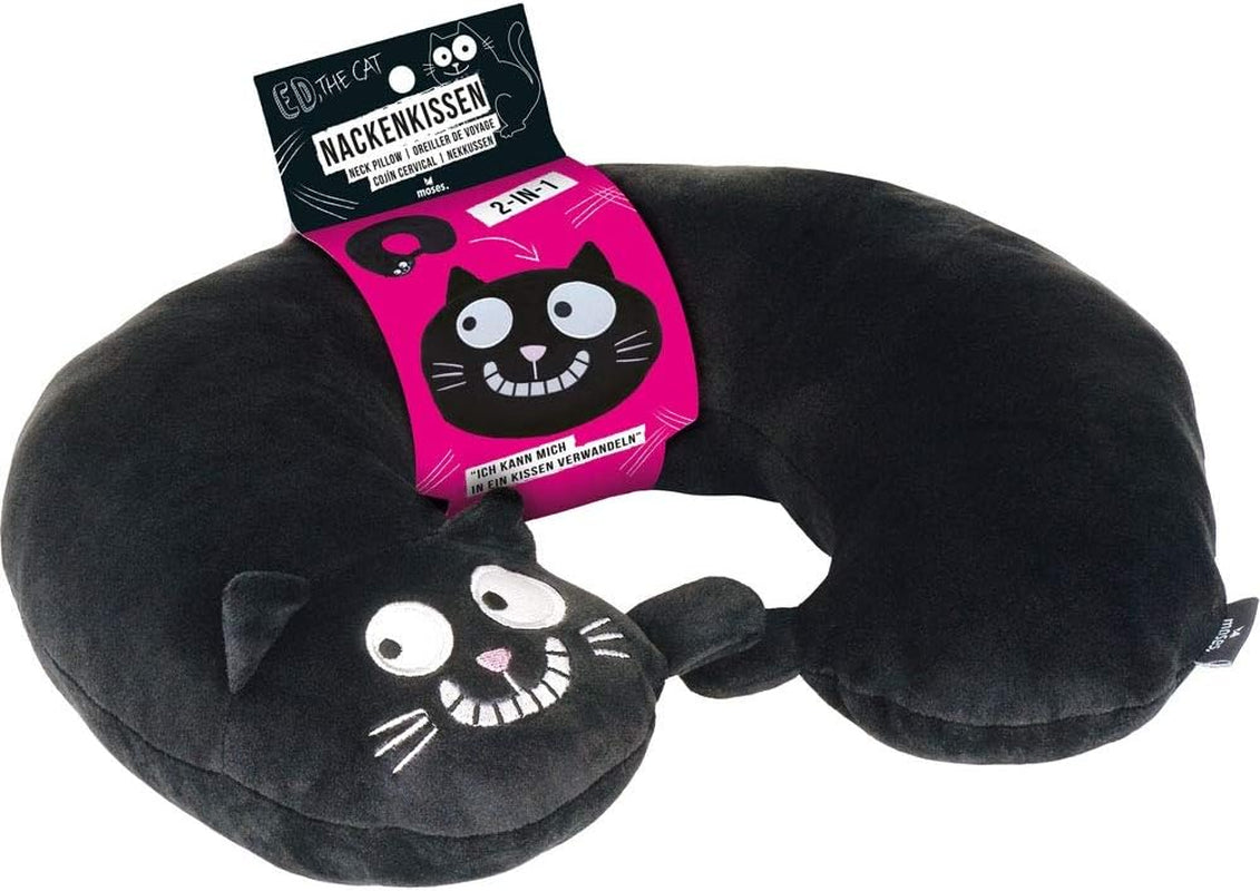 Nekkussen van Mozes. Ed, de kat | 2-in-1 nek- en hoofdkussen voor op reis | Kattenreiskussen, 28 cm, Zwart