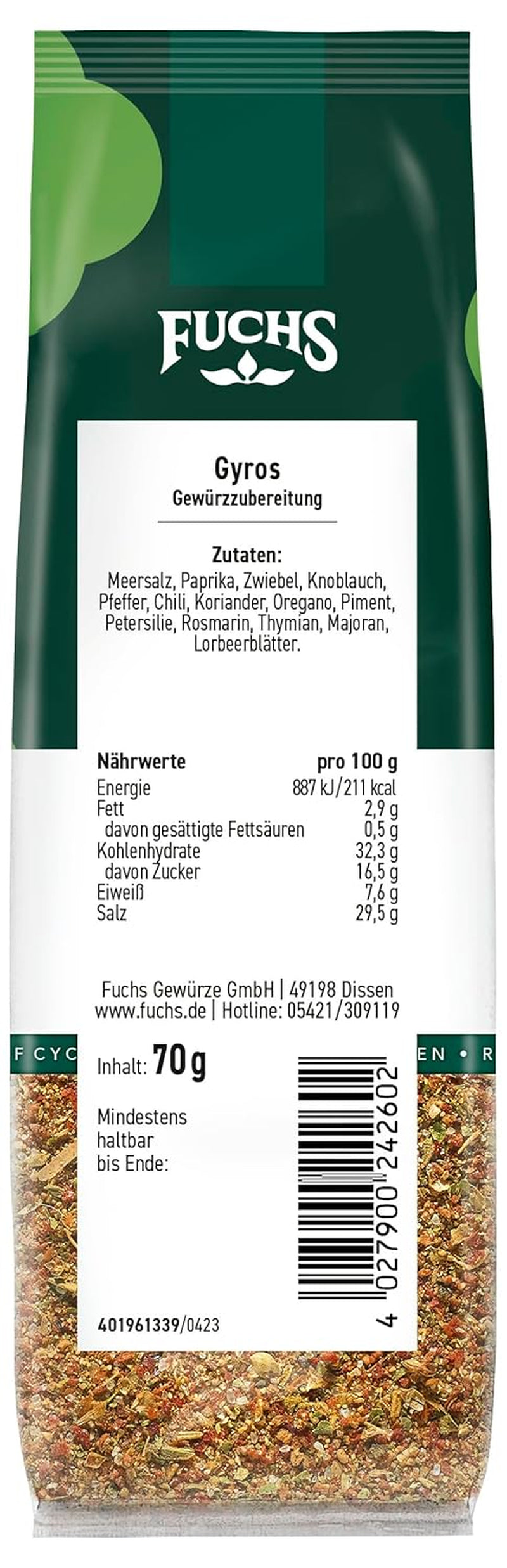 Fuchs Gewürze - Gyros Gewürzzubereitung im recycleerbaar Nachfüllbeutel, Gewürzmischung mit gewählteten Kräutern für Rind und Schweinefleisch - 70 g