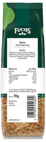 Fuchs Gewürze - Gyros Gewürzzubereitung im recycleerbaar Nachfüllbeutel, Gewürzmischung mit gewählteten Kräutern für Rind und Schweinefleisch - 70 g