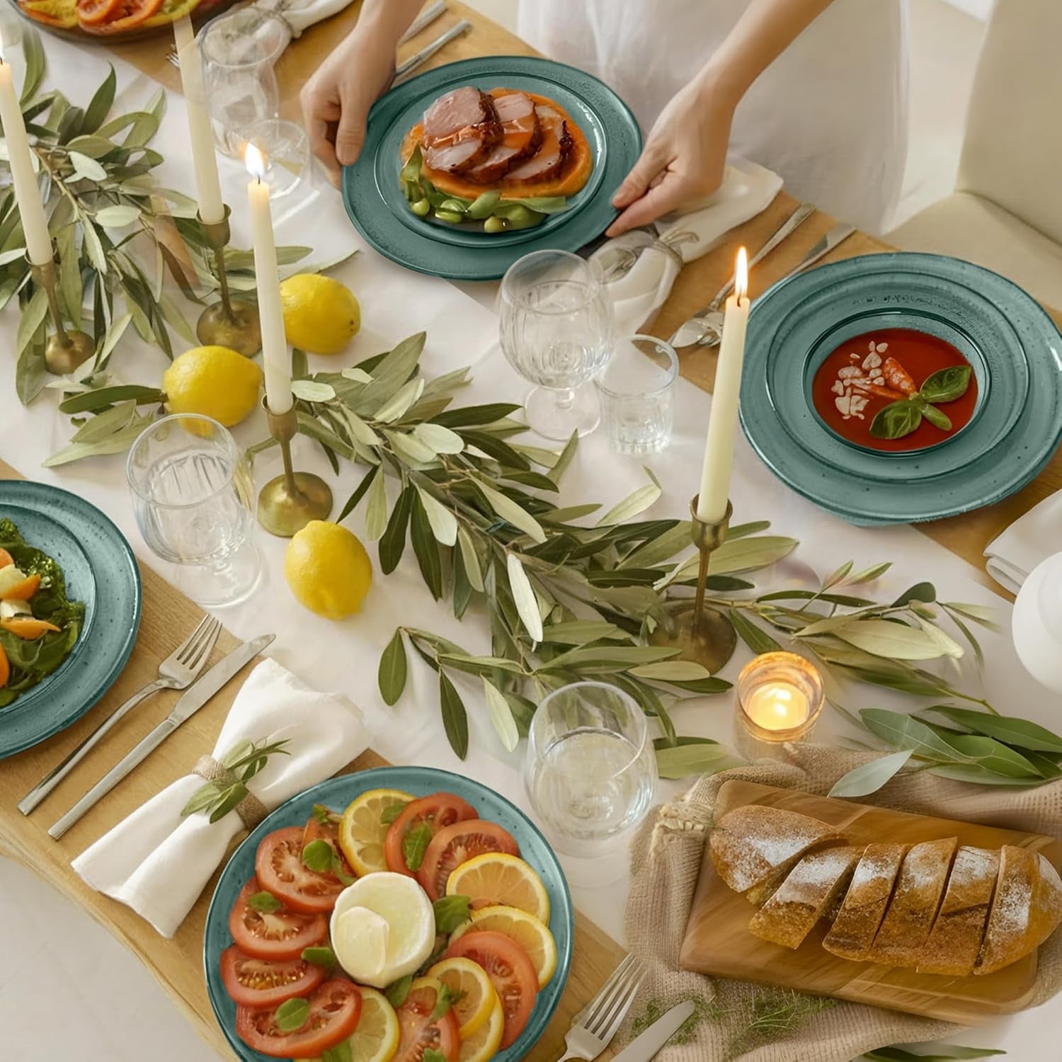 Twinzee 24-delige aardewerk serviesset voor 6 personen - kom en bordenset - magnetronbestendig steengoed - Riviera-collectie
