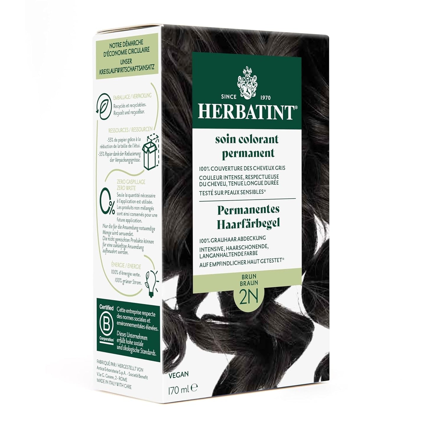 Permanente haarverfgel 6N donkerblond - 170ml I Ammoniakvrij, 100% dekking van grijs haar I Getest op een gevoelige huid, met 8 plantenextracten Naty Shop Haarverf 2N Bruin