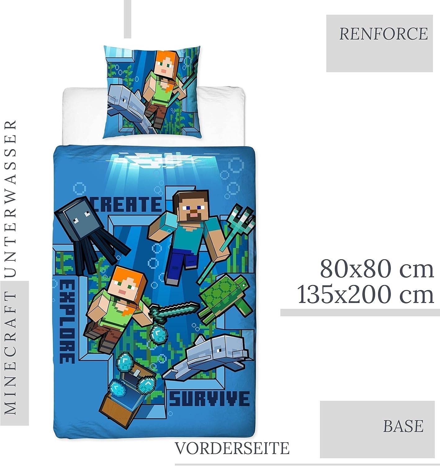 Minecraft Beddengoed Kinderbettwäsche Jugendbettwäsche 135X200 · Unterwasserwelt · Wende Motiv · Kissenbezug 80X80 + Bettbezug 135X200 Cm · 100% Baumwolle · Deutsche Größe Naty Shop