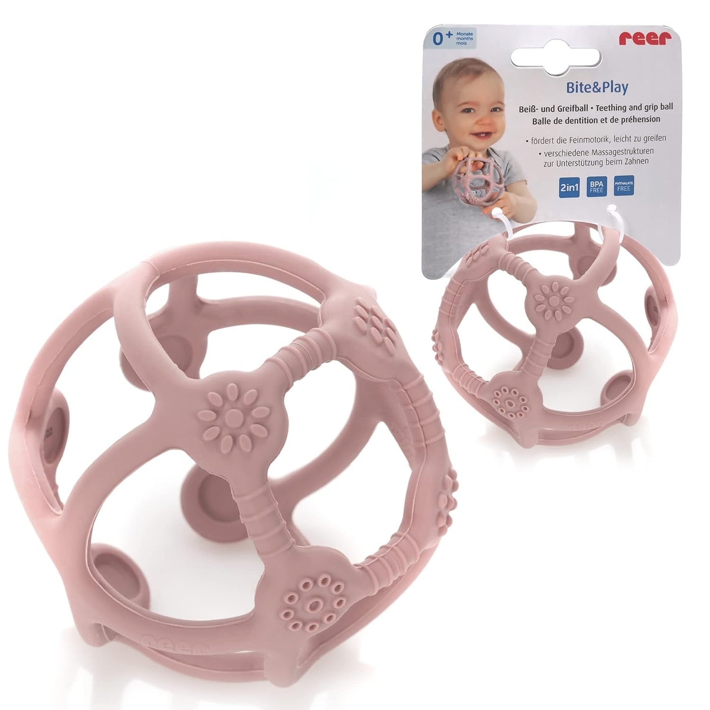 Reer Bite&Play Baby Bijtring Bal en Catcher, Bijtring en speelgoed voor peuters, geweldig cadeau