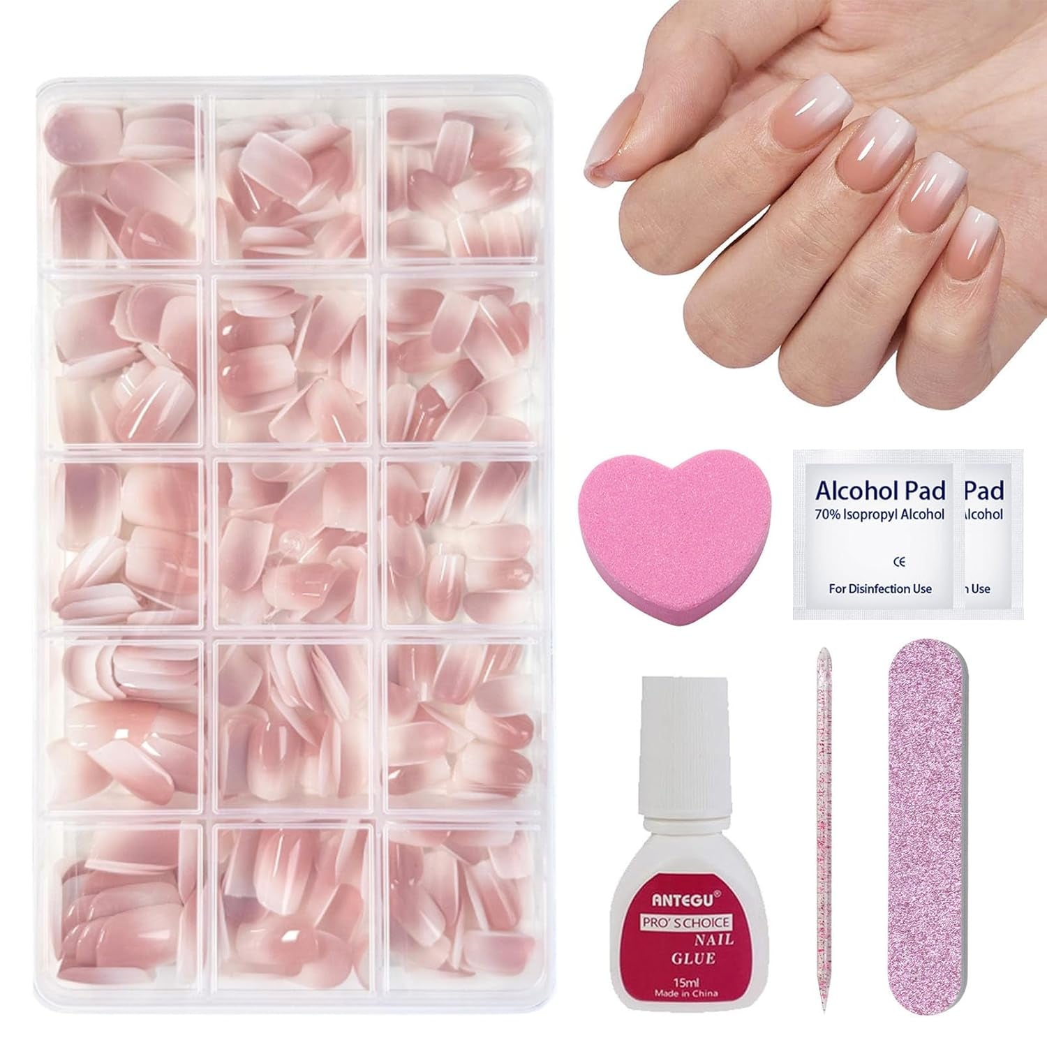 240 stuks korte kunstnagels set - korte natuurlijke kunstnagels om op te lijmen - naakt gradiënt kunstnagels voor box nagelverlengingen (nude gradiënt)