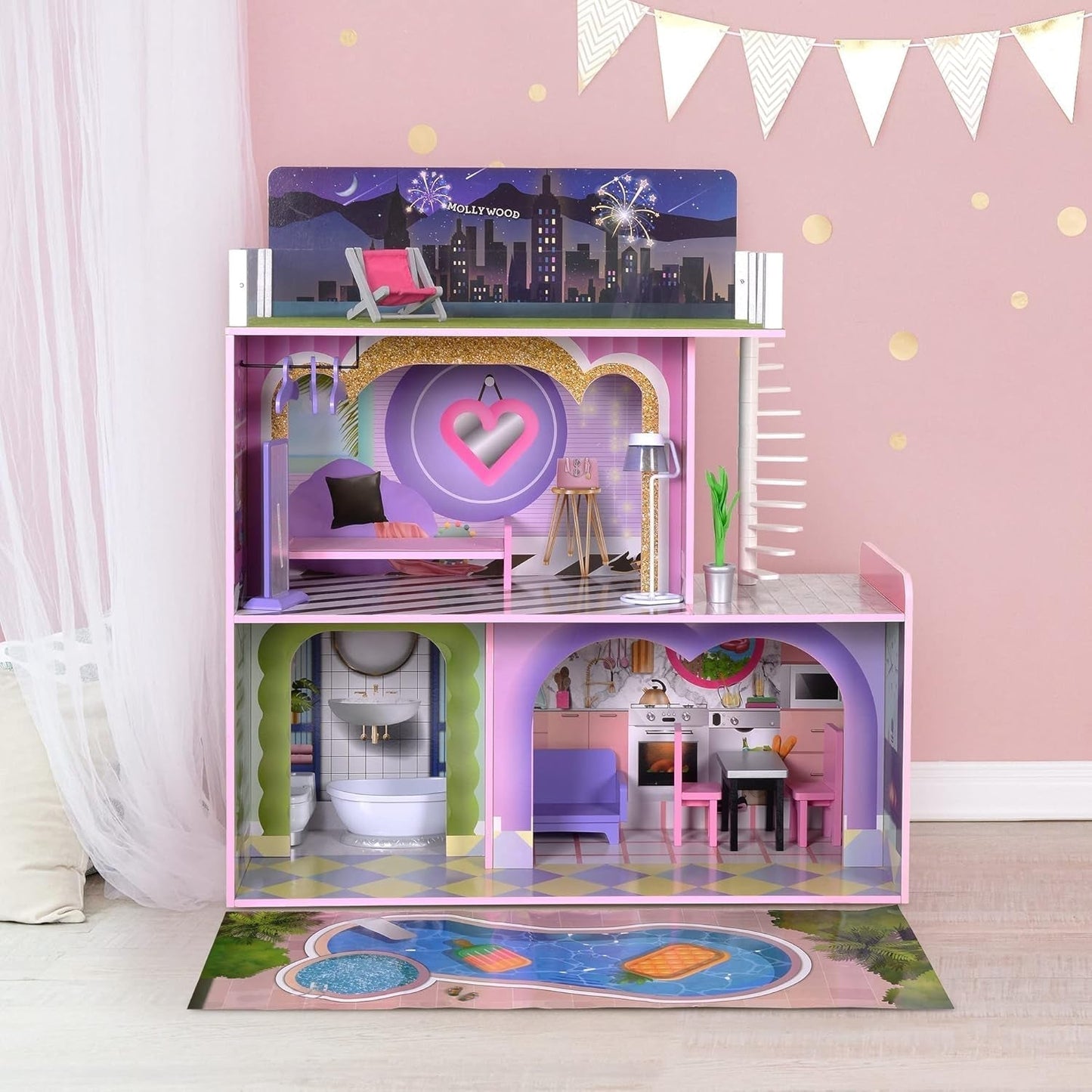 Olivia's Little World Big Dreamland Sunset Eigentijds interactief houten poppenhuis voor kinderen 3 verdiepingen met 16 poppenmeubelaccessoires Multi TD-13616A Poppenhuizen Naty Shop