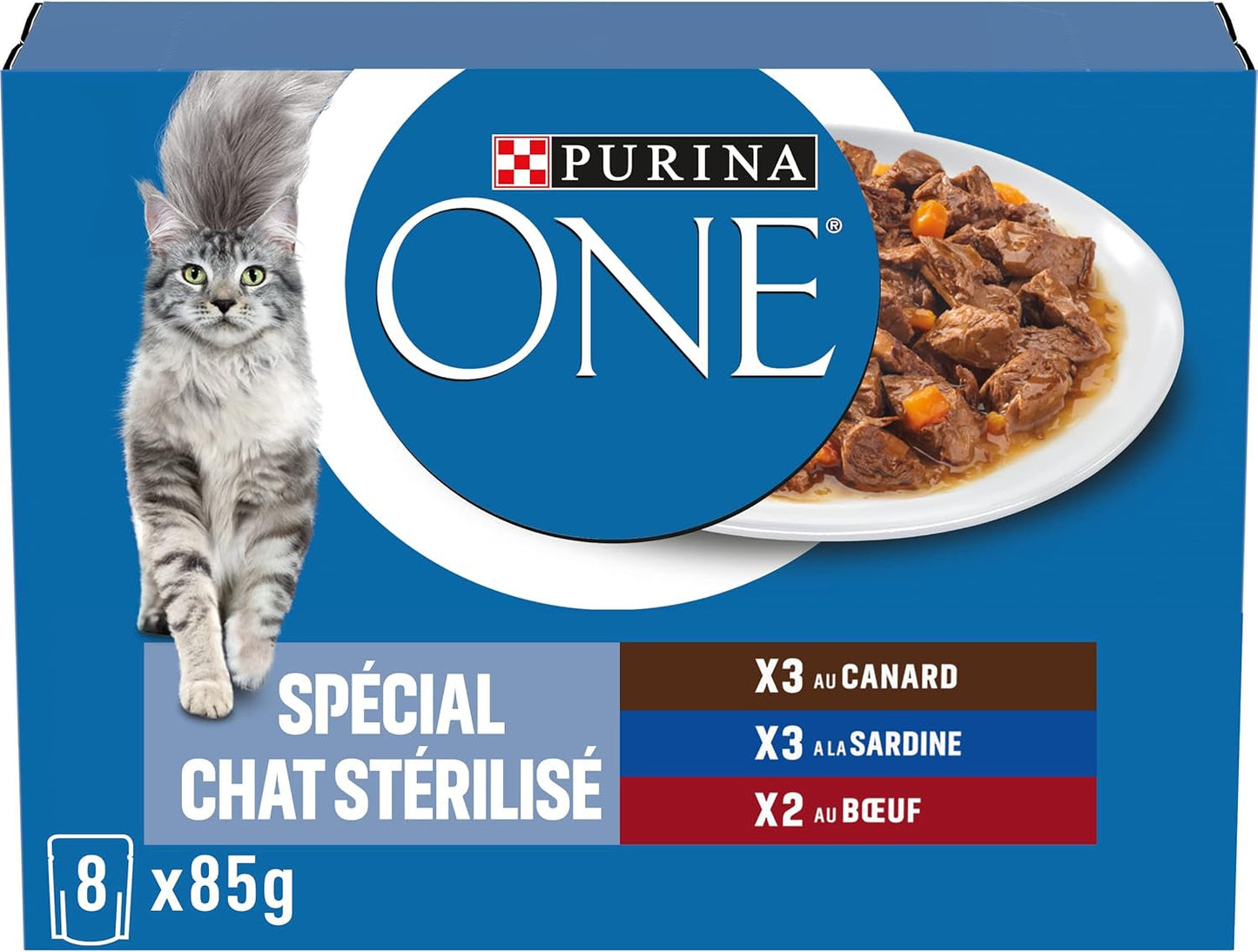 PURINA EEN | BIFENSIS | Voer voor gesteriliseerde volwassen katten | Ondersteunt de vitaliteit, botten, spieren en gewrichten van de kat | In saus | Zakjes met eend, sardines, rundvlees, versheid | 1 stuk (8 x 85 g)
