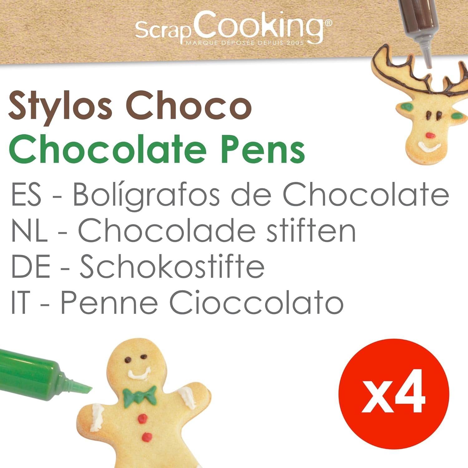Scrapcooking - Set van 4 kerstchocolade kleurpotloden - bruin, wit, groen en rood - eetbare kleurstof - kleurstof voor schrijven - schrijven en tekenen op desserts, cakes en koekjes - 7060