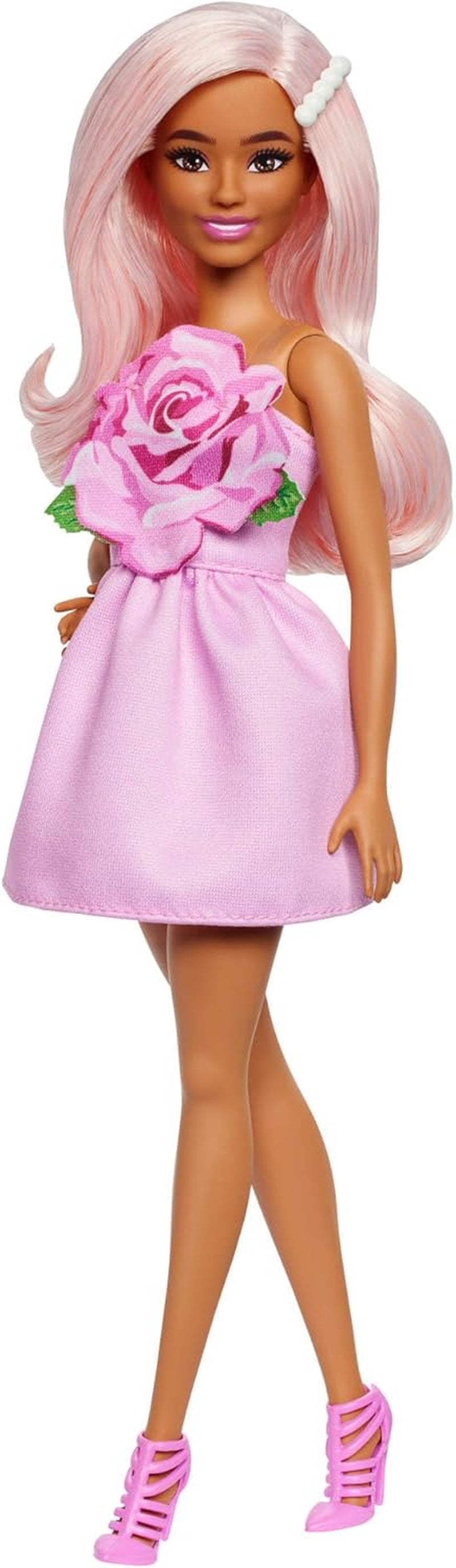 Barbie Fashionistas pop nr. 238 met pastelroze haar, strapless jurk met roze lijfje, parel haarclip en hoge hakken en haarspeldjes, HYT94