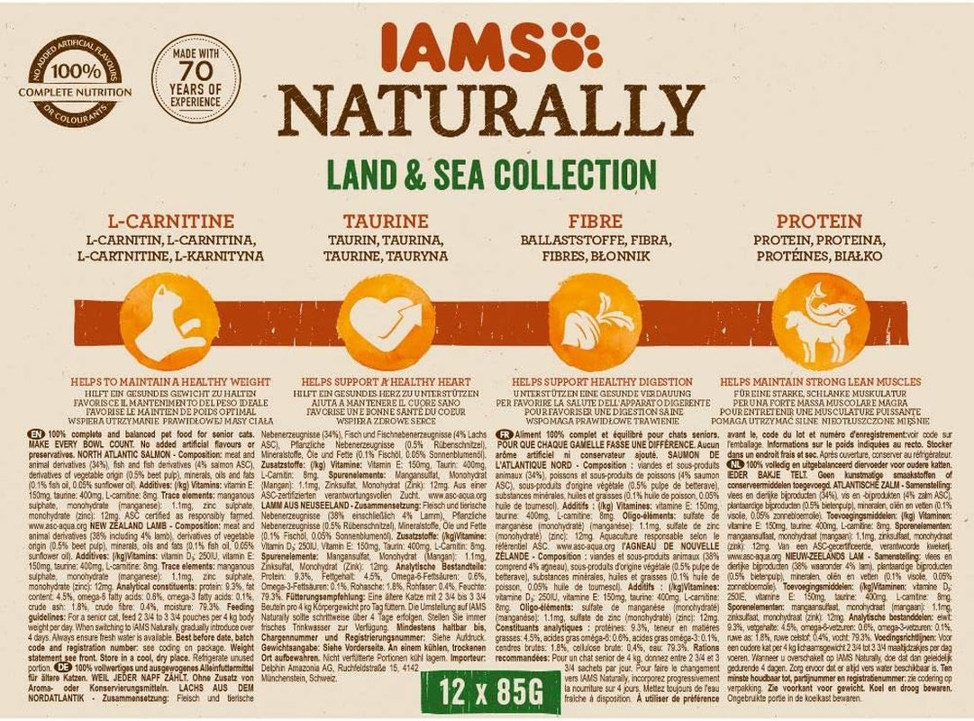 IAMS Naturally Senior Natvoer in saus - Hoogwaardig vlees- en visnatvoer voor oudere katten, Land & Sea Collection, 12 x 85 g