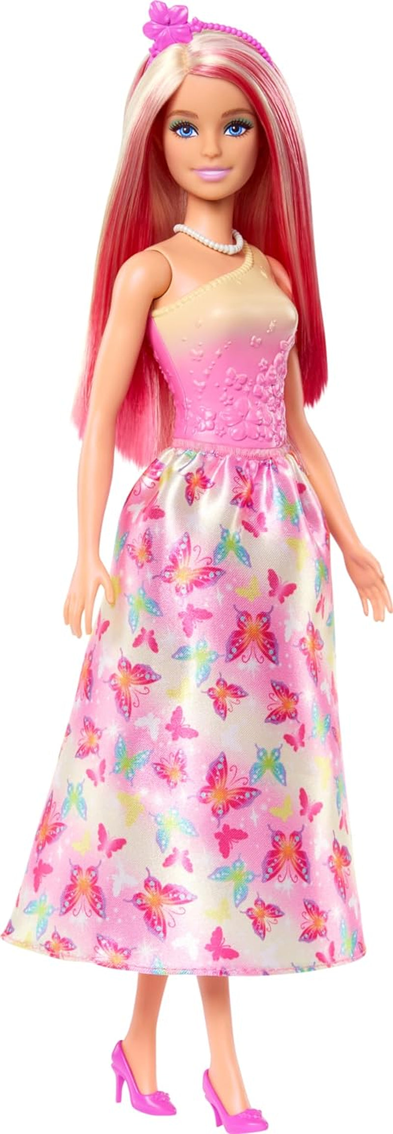 Koninklijke Barbie-pop met prachtig blond en roze haar, kleurrijke accessoires, roze topje met kleurovergang en vlinderrok, HRR08 Naty Shop Dolls standaardtitel