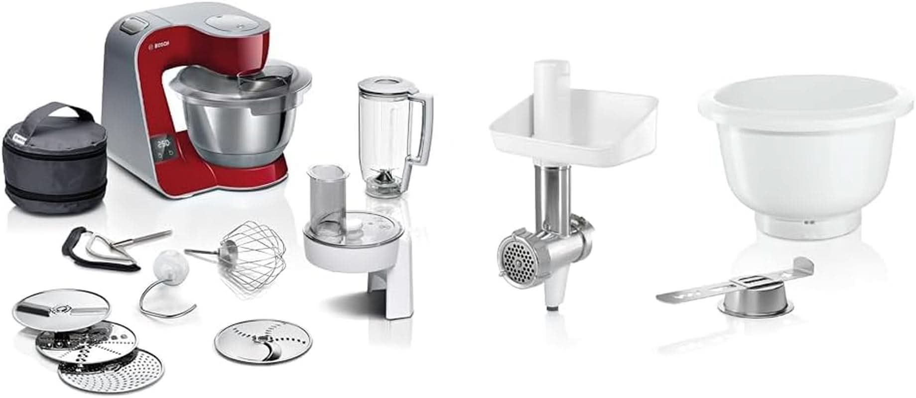 Bosch Series 4 MUM5X720 keukenmachine, geïntegreerde weegschaal, roestvrijstalen kom 3,9L, mixer 1,25L, 1000W Accessoires Voeding en Borstvoeding Baby Naty Shop Bundel met Bakingsensatie Donkerrood/zilver 2 accessoires