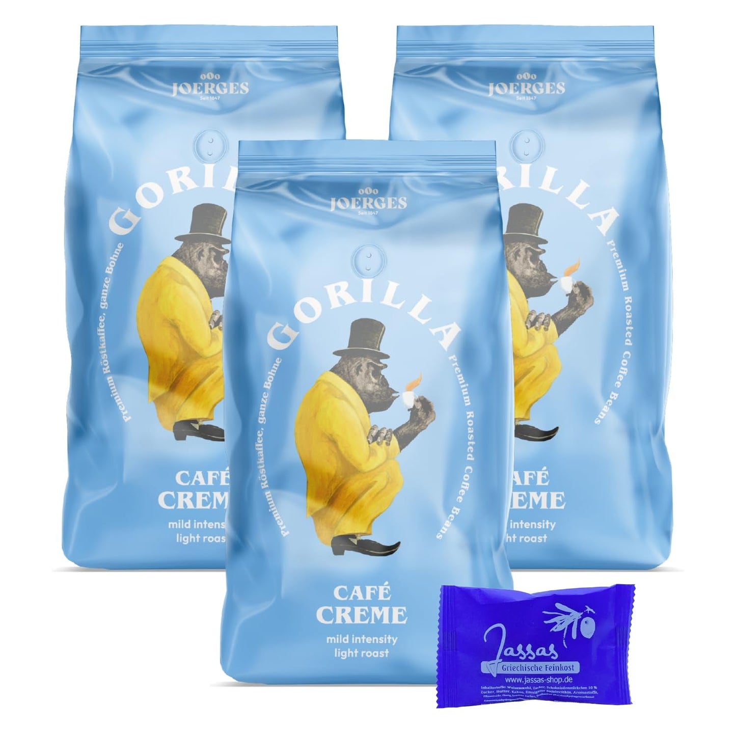 Gorilla koffieroom 3x 1000g Joerges + Jassasgebakjes | Arabica koffie Pak van 3 1kg