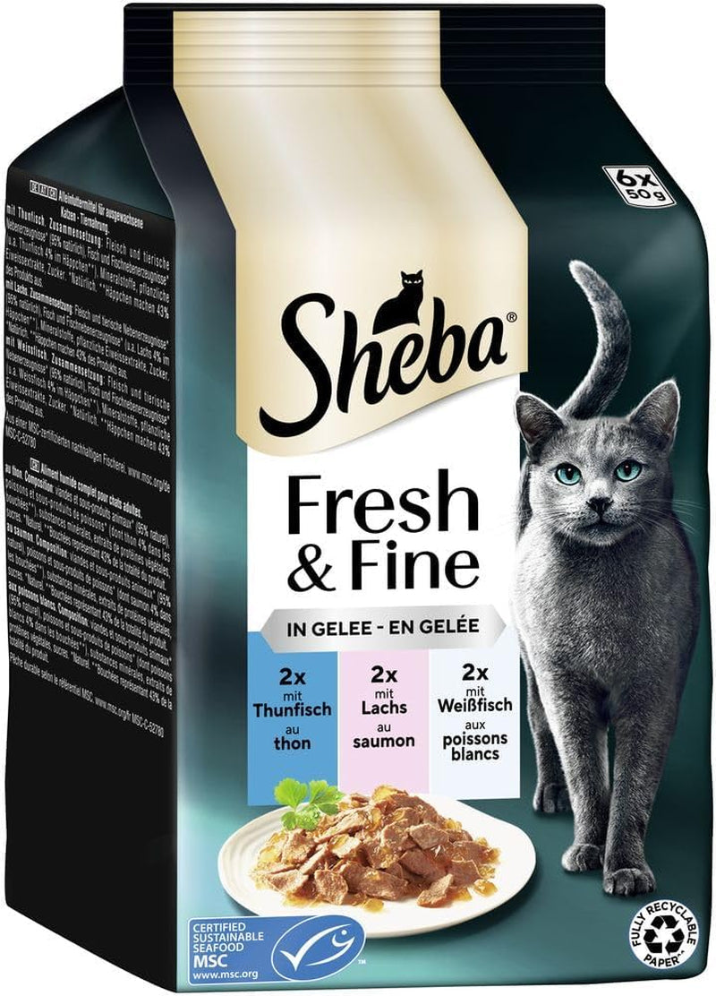 Sheba Portion Pouches Natvoer voor katten, Multipack Fresh & Fine in gelei met MSC tonijn en zalm, 6x6x50g - Gezonde maaltijden voor katten met gelei