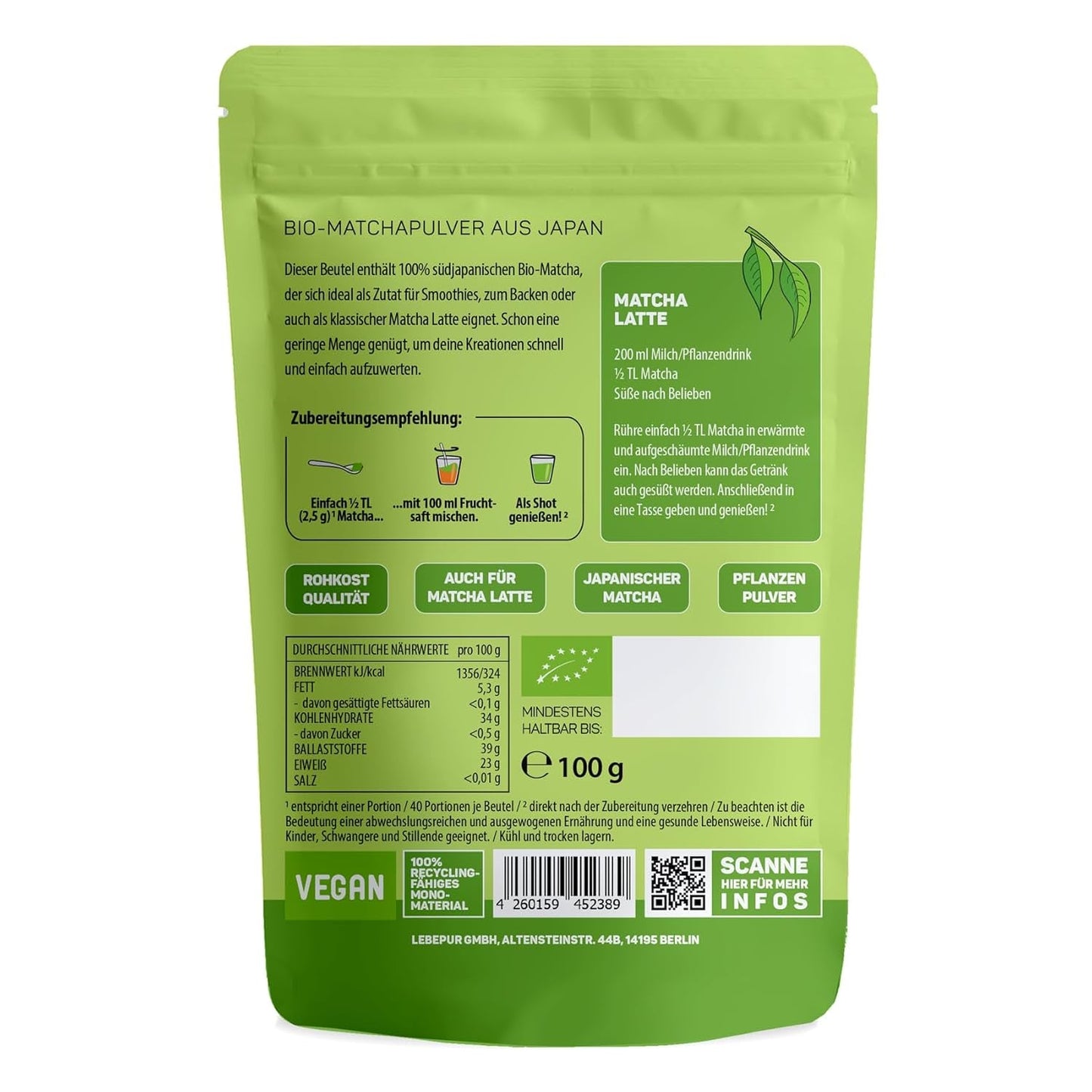 Lebepur BIO Matcha Poeder 100G - Premium Kwaliteit uit Japan Geen Additieven - 100% Pure Groene Thee Poeder voor Matcha Latte, Matcha Thee, Groene Thee, Smoothie - Japanse Groene Thee
