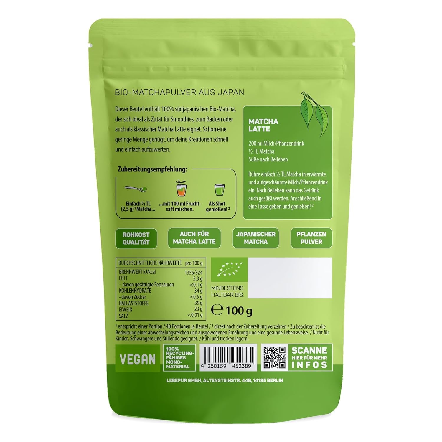 Lebepur BIO Matcha Poeder 100G - Premium Kwaliteit uit Japan Geen Additieven - 100% Pure Groene Thee Poeder voor Matcha Latte, Matcha Thee, Groene Thee, Smoothie - Japanse Groene Thee
