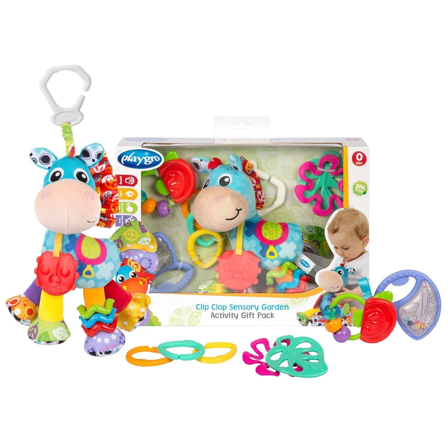 Playgro Clip Clop Sensory Garden Activity Gift Pack - Sensory Garden Toy voor baby's vanaf 0 maanden - Interactief speelgoed met rammelaars, bijtring en kinderwagen Friend - 4 stuks