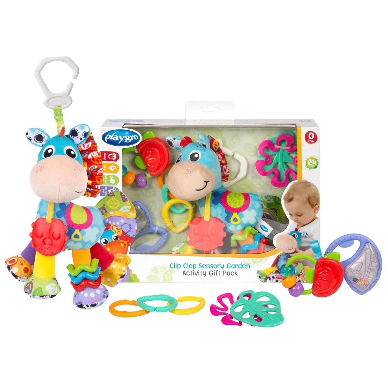 Playgro Clip Clop Sensory Garden Activity Gift Pack - Sensory Garden Toy voor baby's vanaf 0 maanden - Interactief speelgoed met rammelaars, bijtring en kinderwagen Friend - 4 stuks