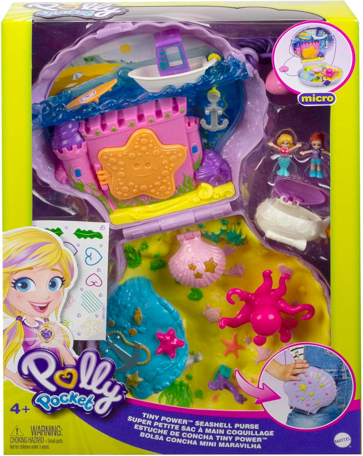 Polly Pocket opbergdoos schelpentas met 2 poppen en 1 onderzeeër Polly Pocket zeemeermin speelgoed, leeftijd 4+ GNH11
