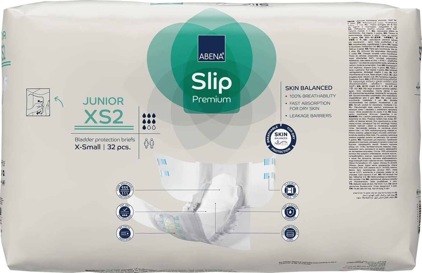 Premium junior slipluiers, eco-label, verbeterde lekbescherming, veilige en comfortabele babyluiers - maat 7/XS2, tailleomtrek 40-60 cm, leeftijd 5-15 jaar, 1 x 32 stuks