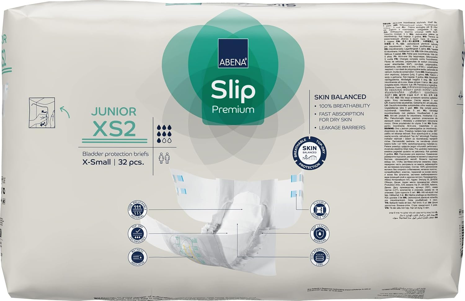 Premium junior slipluiers, eco-label, verbeterde lekbescherming, veilige en comfortabele babyluiers - maat 7/XS2, tailleomtrek 40-60 cm, leeftijd 5-15 jaar, 1 x 32 stuks
