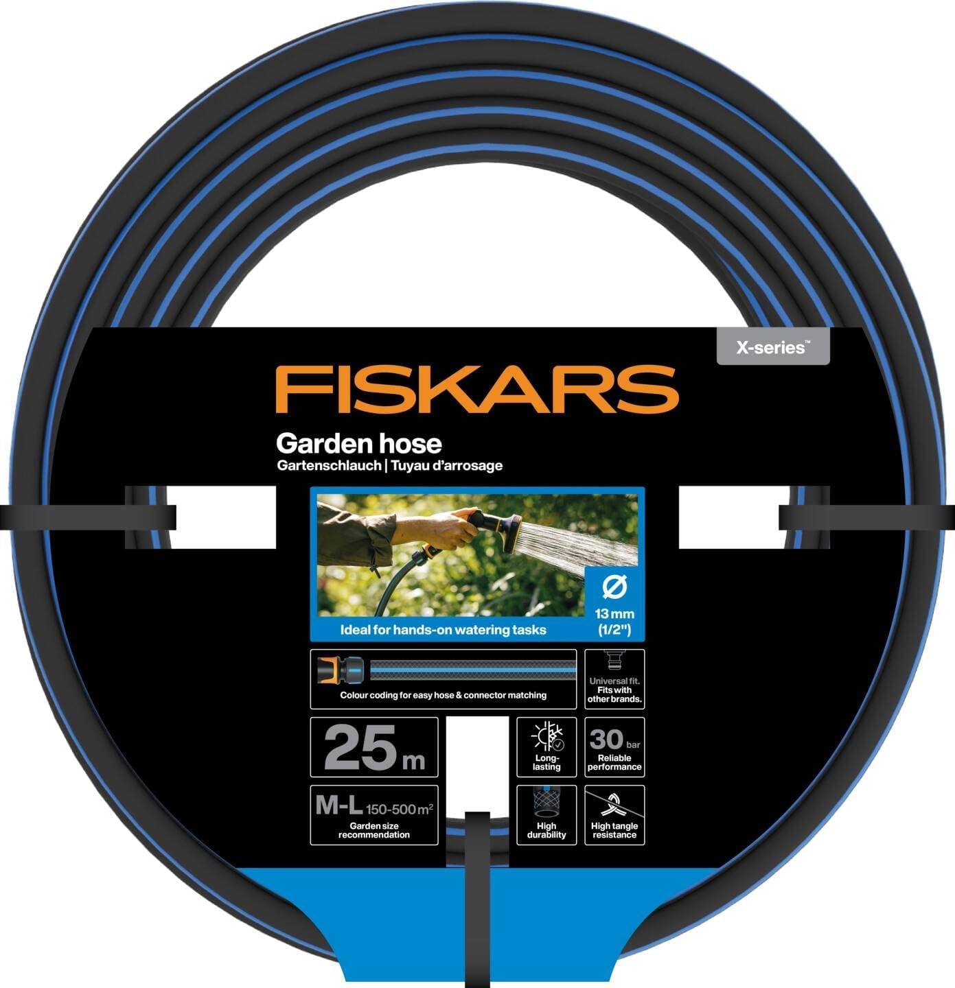 Fiskars ML tuinslang X-serie handwaterslang 13 mm (1/2"), lengte: 25 m, universele aansluiting, UV-bescherming, vorstbescherming, draaibestendig, blauw, 1076045