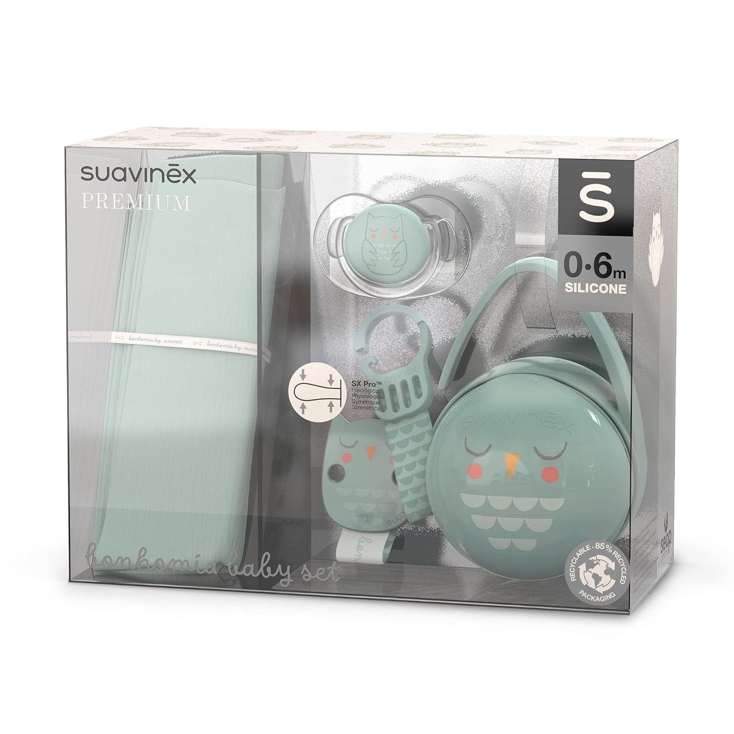 Suavinex cadeauset voor pasgeborenen. 4-delige set bestaande uit: Fysiologische SX Pro fopspeen voor baby's 0-6 maanden + speenhouder + Duo speenhoesje + siliconen bijtring. Wonderland, beige