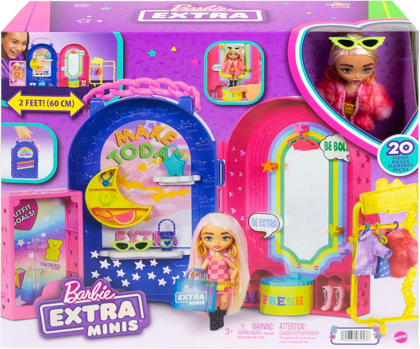 Barbie Extra Mini's, Extra Minipop en Boutique Speelset, Kledingkast met Kasten, Planken, Spiegels, 360 Platform, Extra Minipop met Roze Haaraccessoires, HHN15