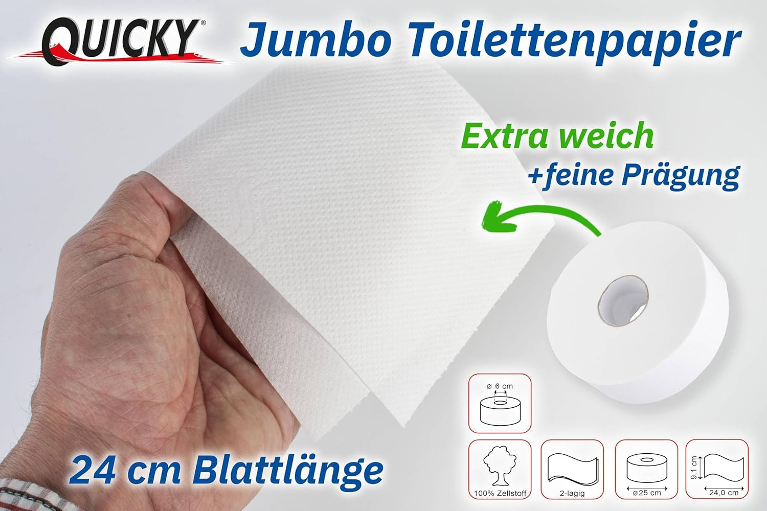 Quicky Jumbo 2-laags toiletpapier, 25 cm Ø, helderwit, reliëf met fijne stippen, 6 rollen - absorberend en scheurbestendig voor maximale hygiëne, ideaal voor openbare instellingen en industrie