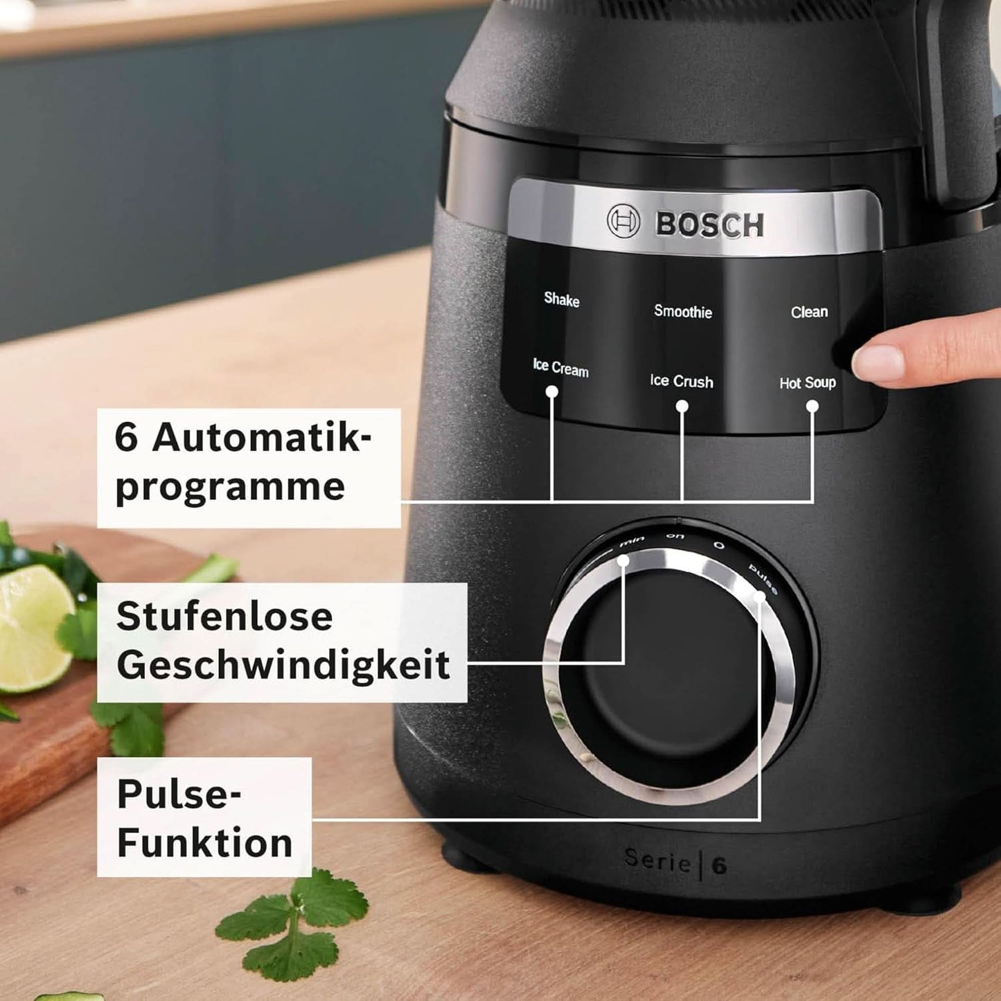 Highspeed-Standmixer Vitapower Serie 6 MMBD665B1, 45.000 U/Min, 6 Programma's Inkl Heiße Suppe & Reinigung, 2 L Mixbehälter, Stopfer, Spülmaschinenfeste Teile, Made in Europe, 1800W, Schwarz Kitchen Naty Shop