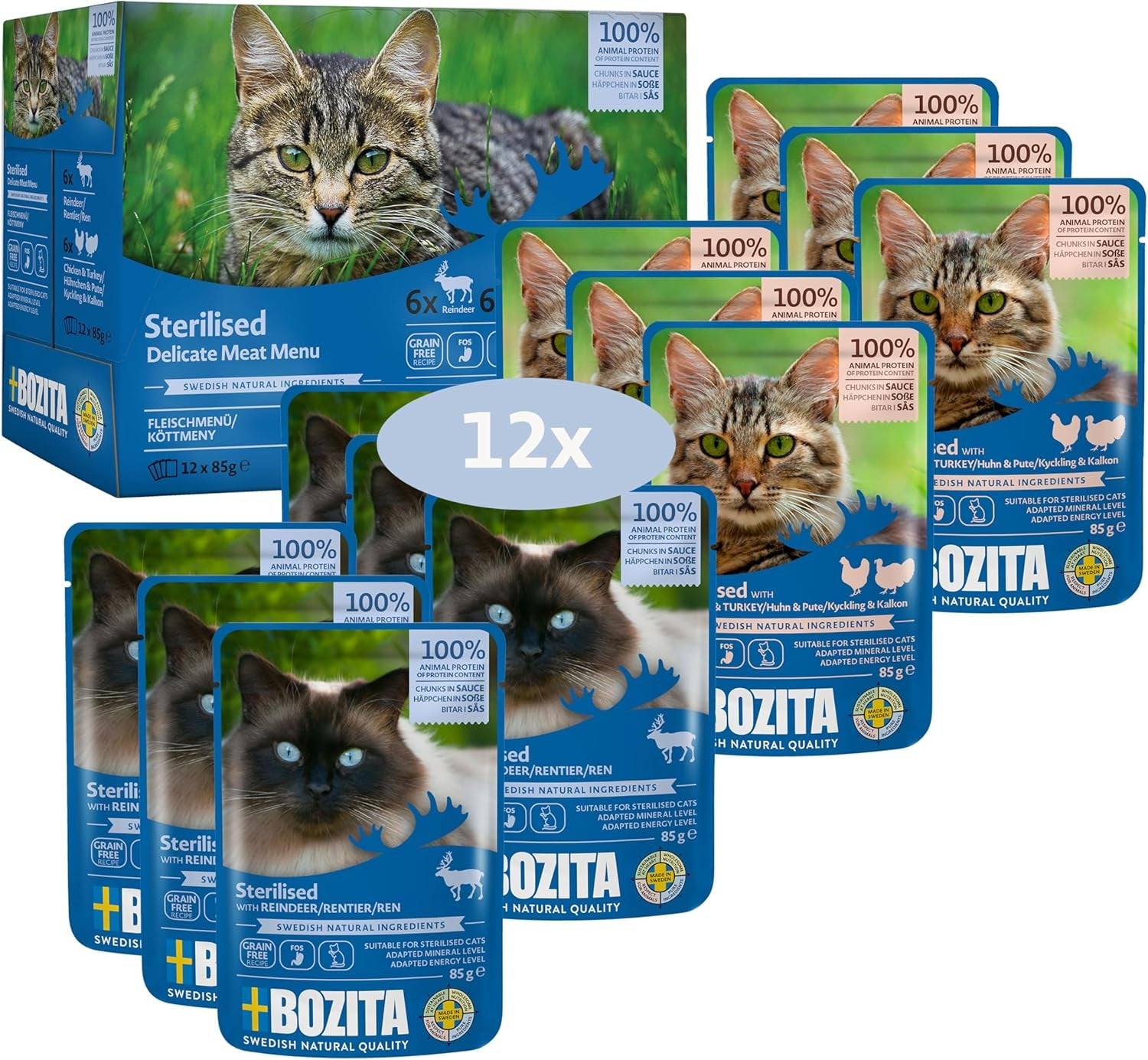 Bozita Gesteriliseerd Natvoer Multibox - Stukken in Vleessaus - 12 Geportioneerde Sachets x 85g Granen- en Tarwevrij Mixpakket - Kattenvoer met 8,5% Eiwit en 3,5% Vet