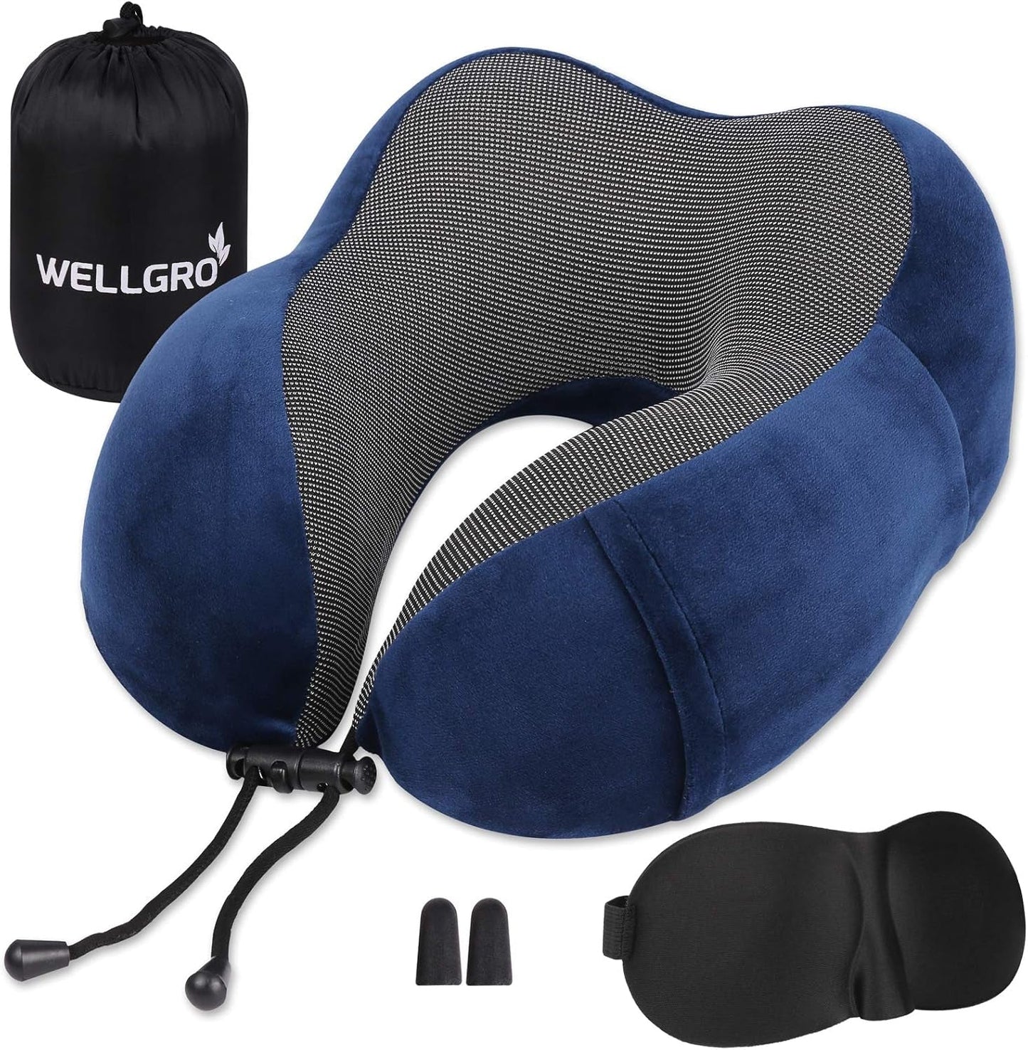 WELLGRO Nekkussenset met 3D-slaapmasker en oordopjes - Afneembare hoes - Traagschuim - Ritssluiting - Inclusief opbergtas - Reiskussen - Kleur selecteerbaar, Kleur: Grijs Cervicale Orthopedische Kussens Naty Shop Donkerblauw