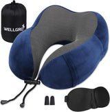 WELLGRO Nekkussenset met 3D-slaapmasker en oordopjes - Afneembare hoes - Traagschuim - Ritssluiting - Inclusief opbergtas - Reiskussen - Kleur selecteerbaar, Kleur: Grijs Cervicale Orthopedische Kussens Naty Shop Donkerblauw