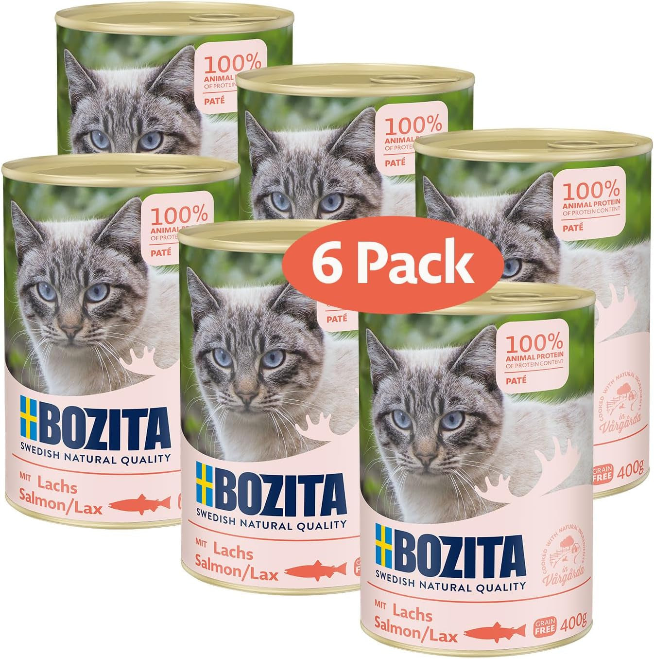 Bozita graanvrije zalmpaté – 6 x 400 g natvoer voor katten en kittens. Compleetvoer met 9,5% eiwit en 5% vet, gemaakt van hoogwaardige natuurlijke ingrediënten, graanvrij - uit Zweden