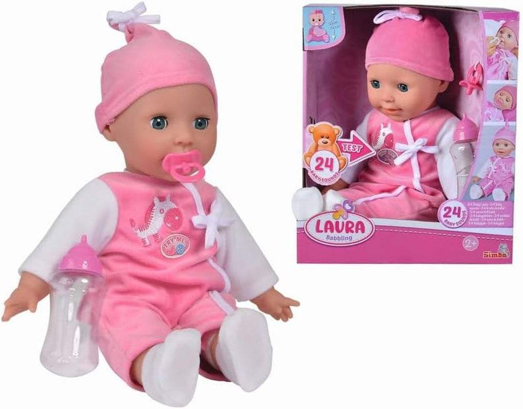 Simba 105140489 - Laura Baby Talk Doll, 38 cm zachte lichaamspop met slaperige ogen in schattige jumpsuit, 24 babygeluiden, speelpop, babypop, vanaf 2 jaar